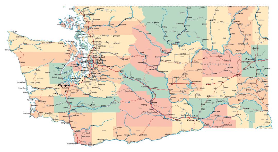 Large administrative map of Washington state with roads, highways and cities