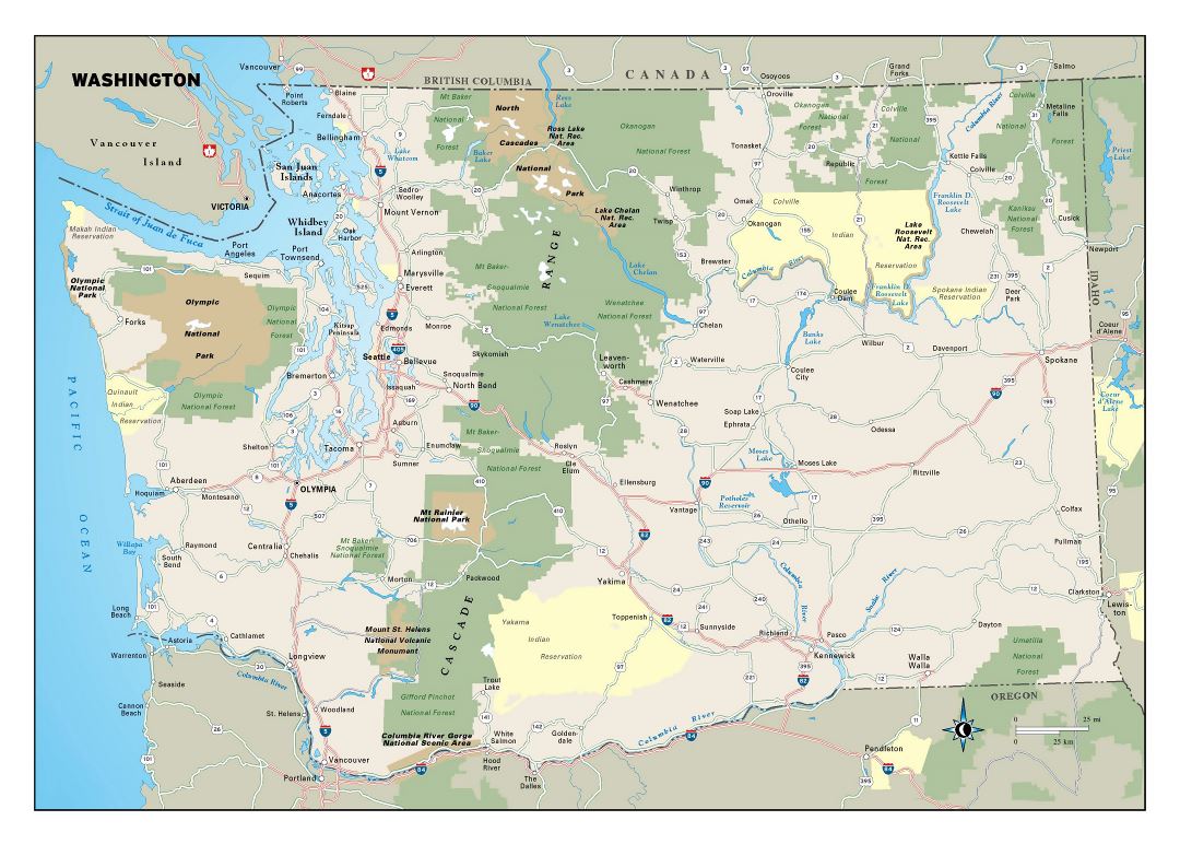 Large detailed map of Washington state with national parks, highways and major cities