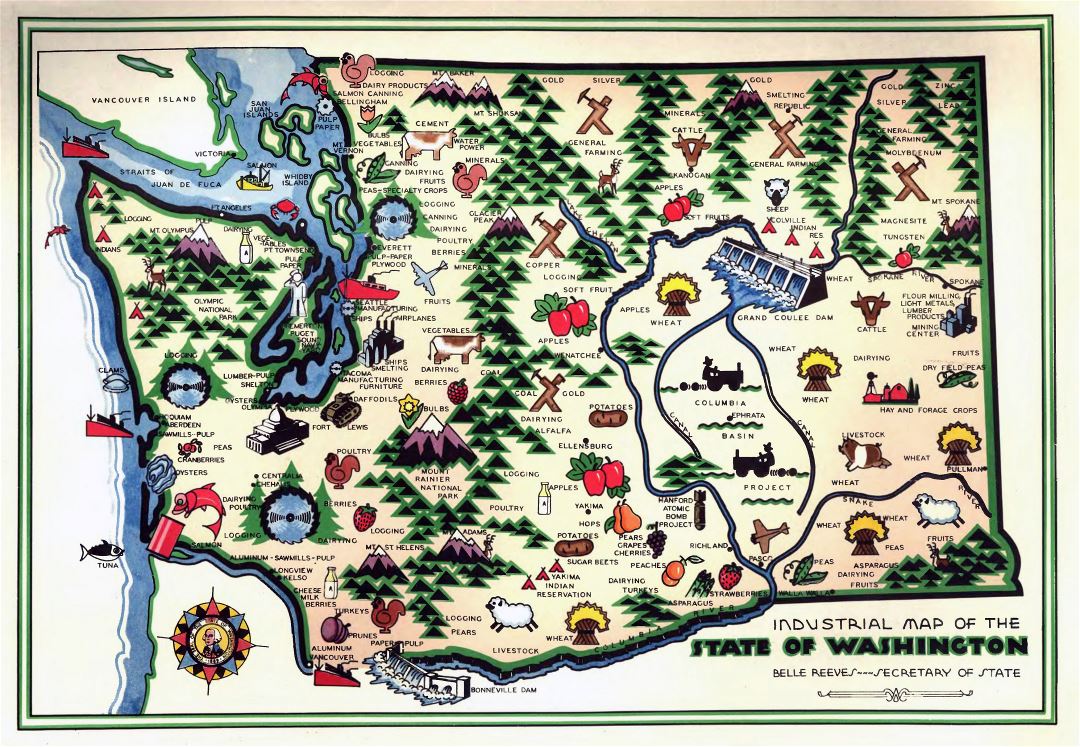 Large detailed old industrial illustrated map of Washington state - 1945