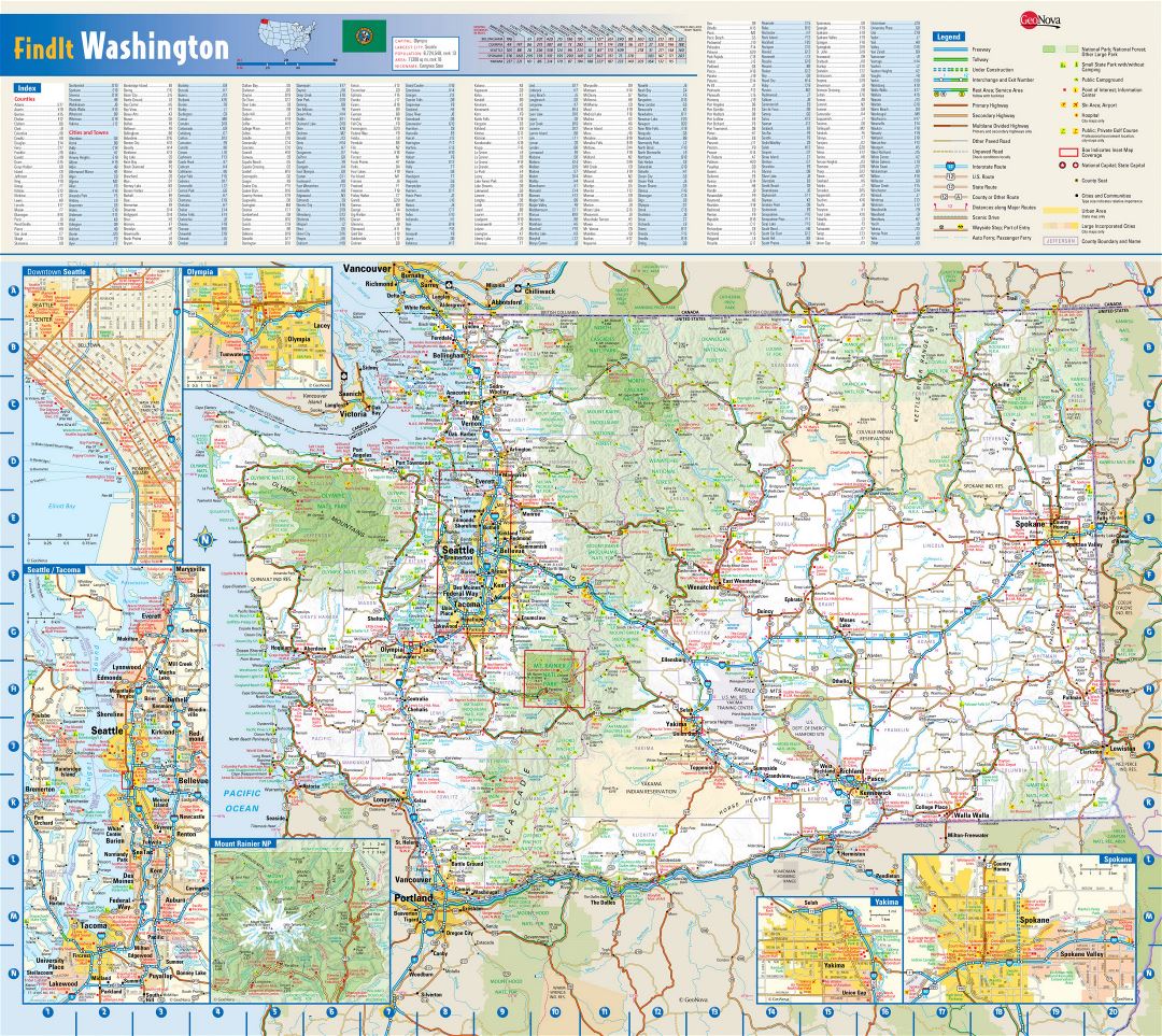 Large detailed roads and highways map of Washington state with national parks, all cities, towns and villages