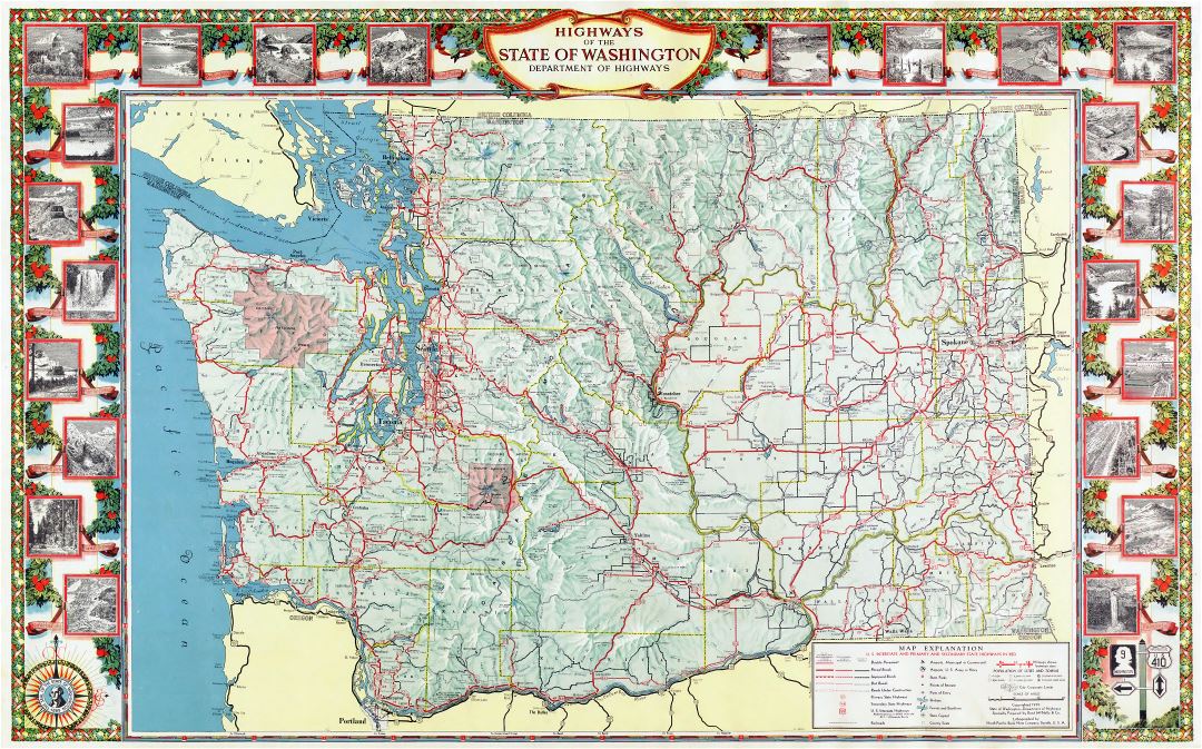 Large scale highway map of the state of Washington with relief and other marks