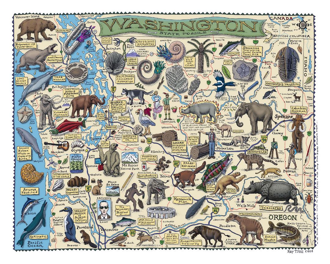 Large tourist illustrated map of Washington state