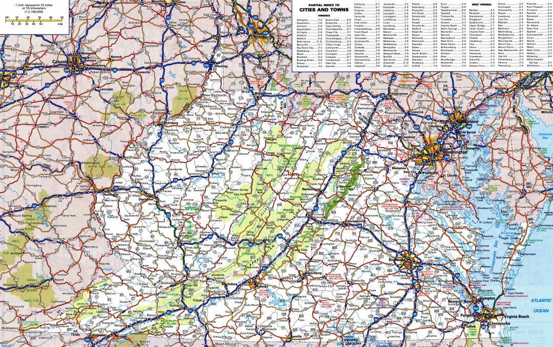 Large detailed roads and highways map of West Virginia state with all cities and national parks