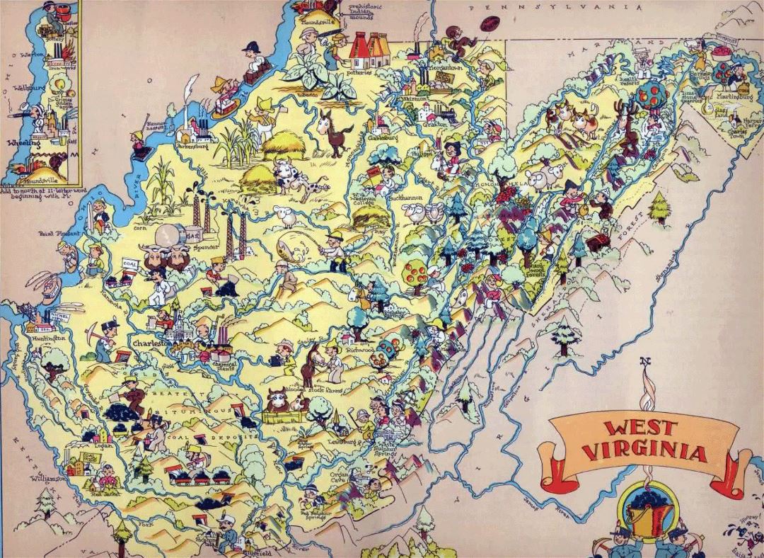 Large tourist illustrated map of the state of West Virginia