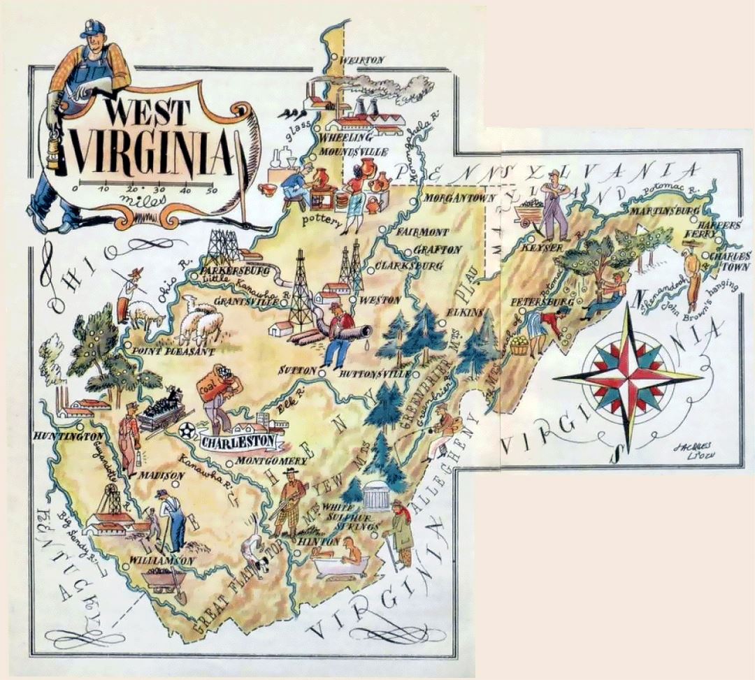 Old illustrated travel map of West Virginia state