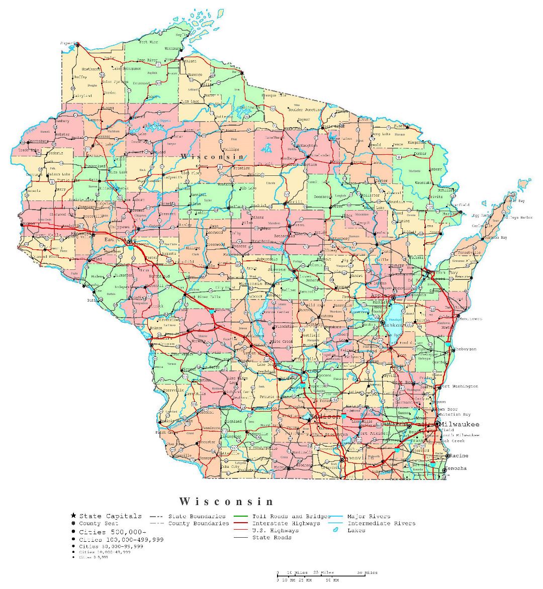 Large detailed administrative map of Wisconsin state with roads, highways and cities