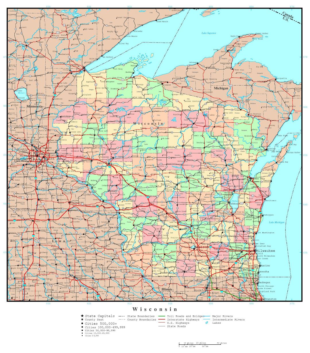 Large detailed administrative map of Wisconsin state with roads, highways and major cities