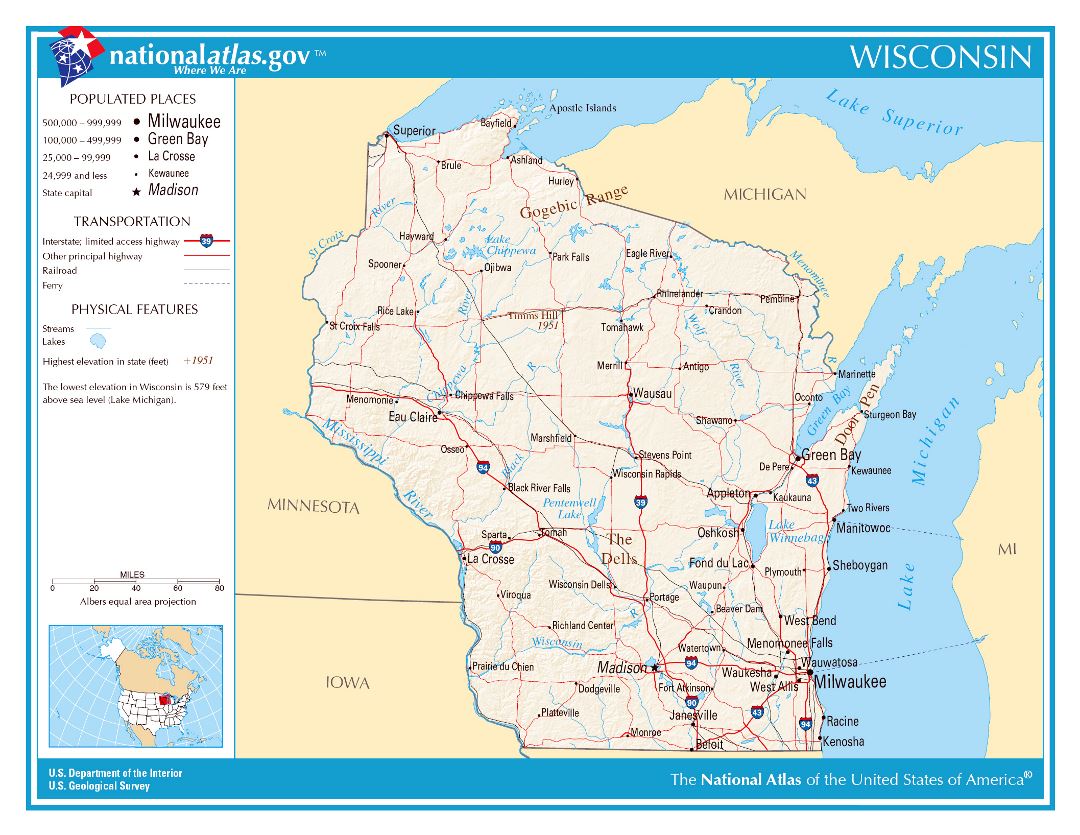 Large detailed map of Wisconsin state