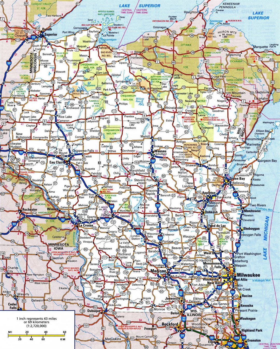 Large detailed roads and highways map of Wisconsin state with all cities and national parks