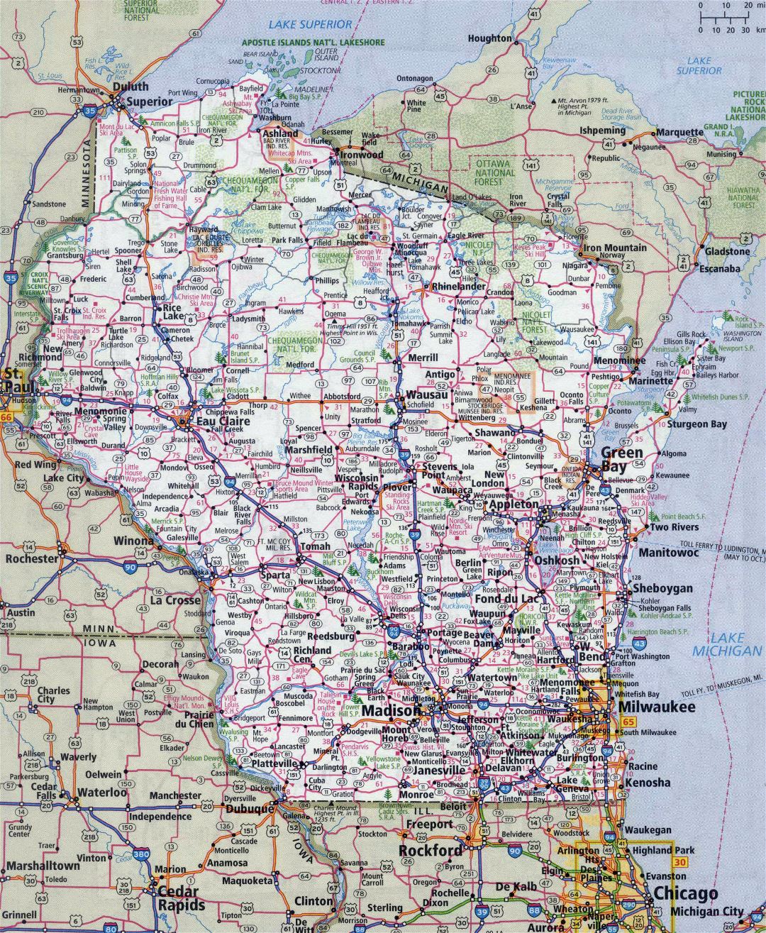 Large detailed roads and highways map of Wisconsin state with all cities