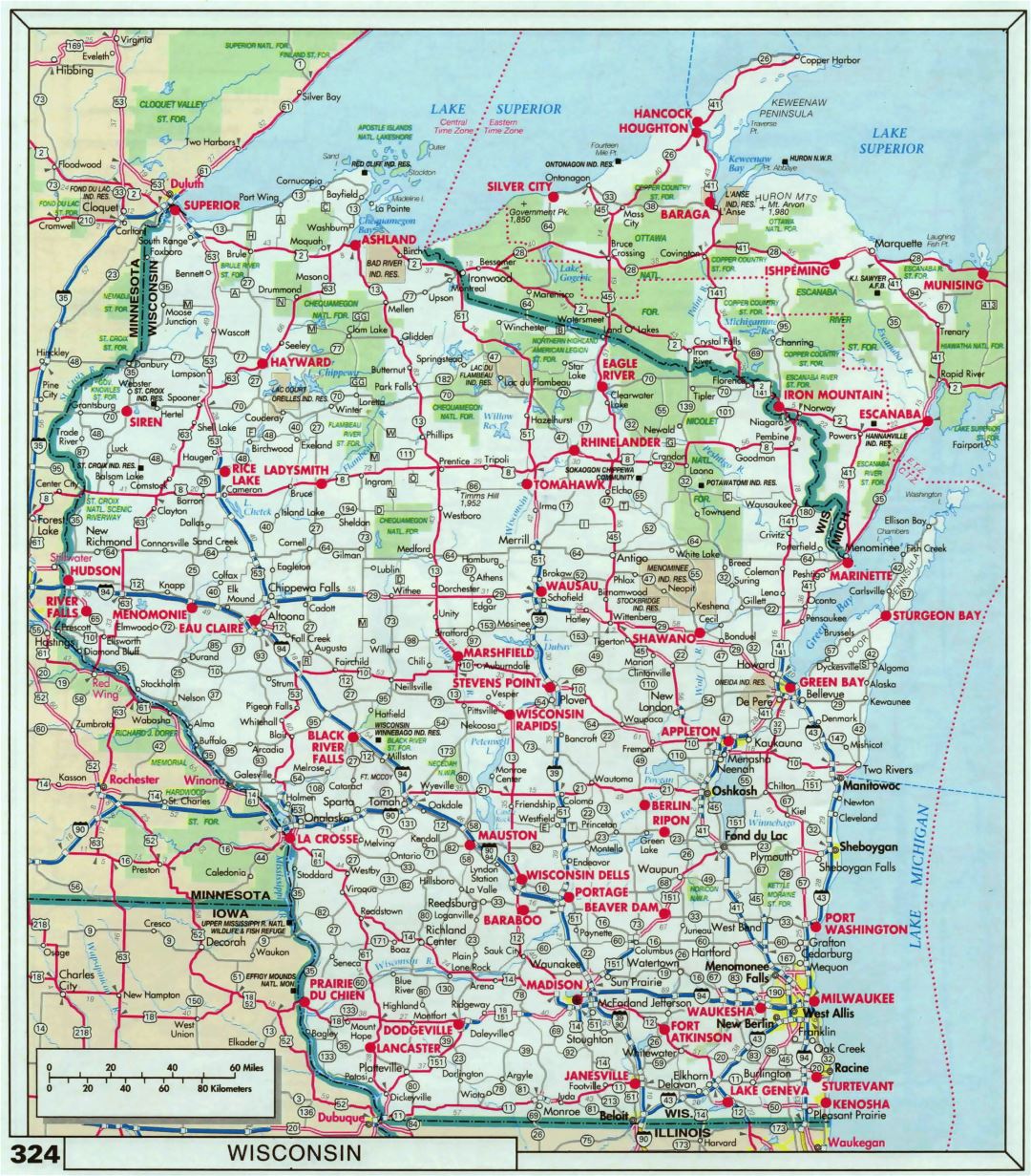 Large detailed roads and highways map of Wisconsin state with national parks and cities