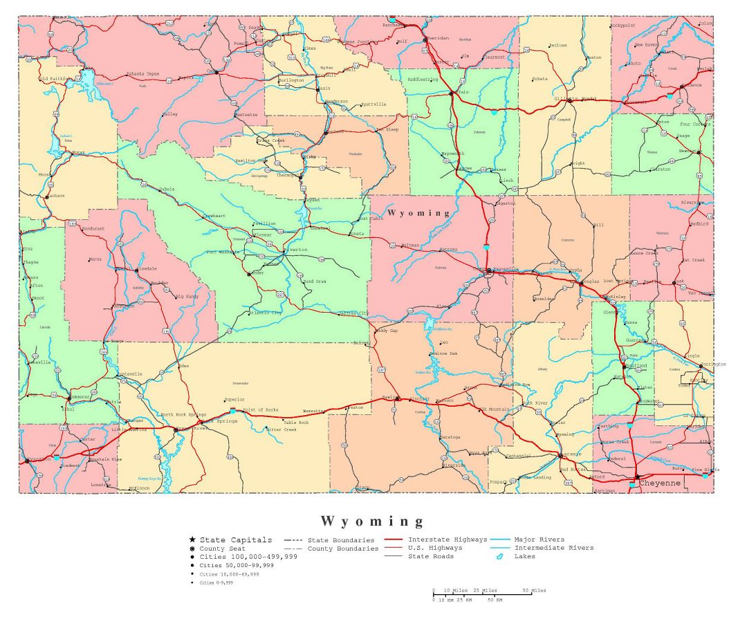 Large detailed administrative map of Wyoming state with roads, highways and cities