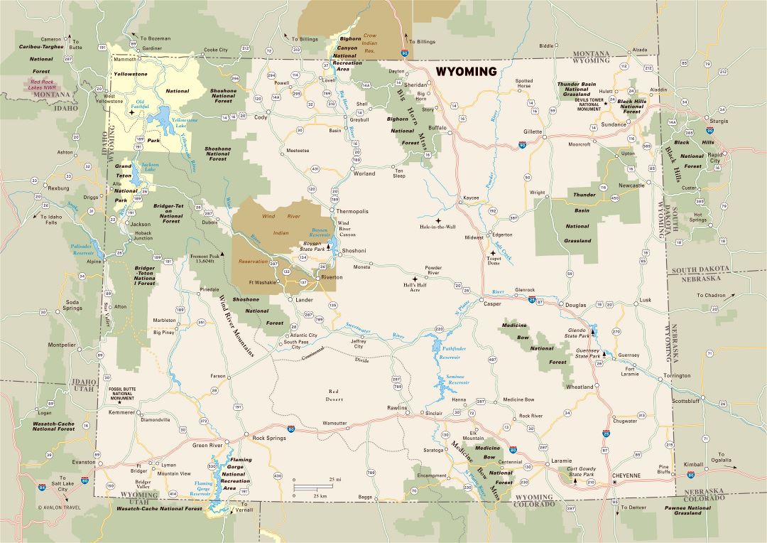 Large detailed map of Wyoming state with national parks, highways and major cities