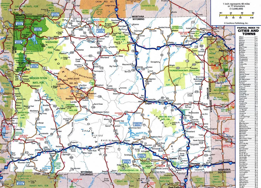 Large detailed roads and highways map of Wyoming state with all cities and national parks