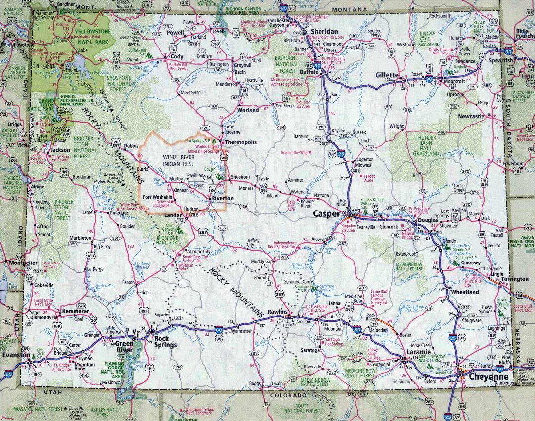 Large detailed roads and highways map of Wyoming state with all cities