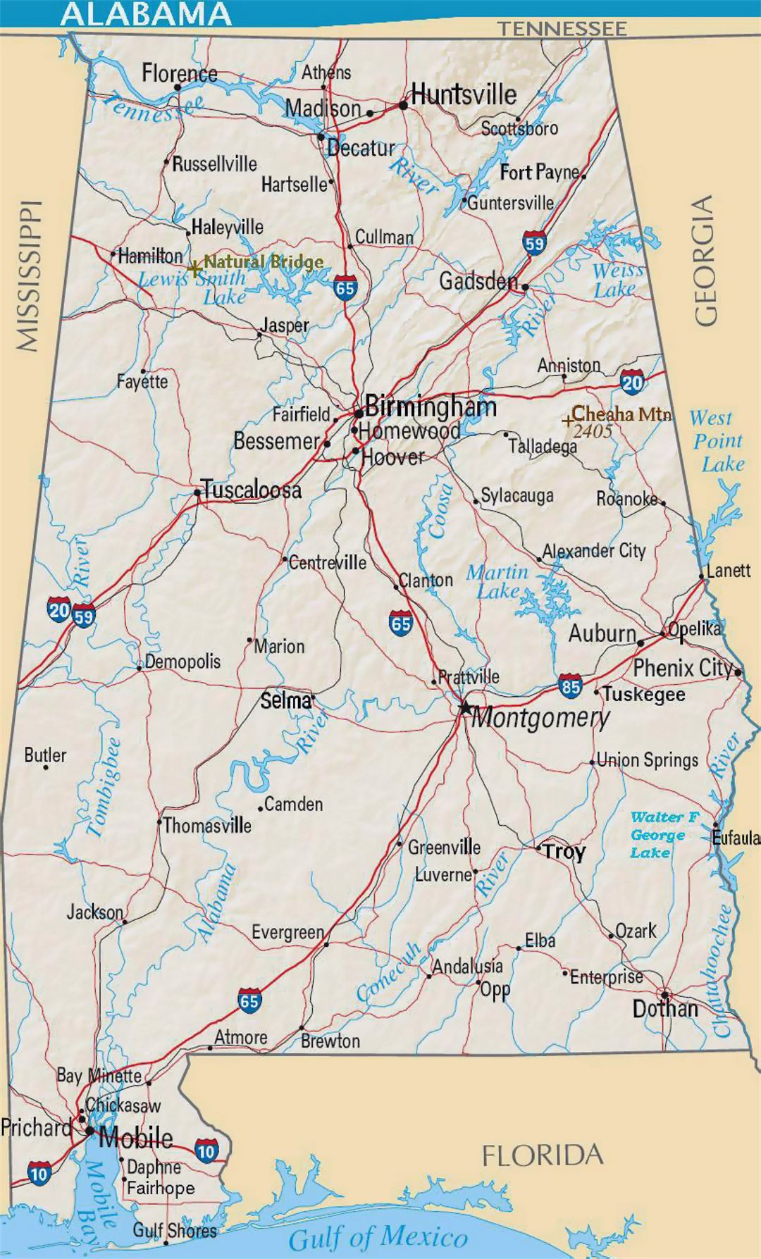 Detailed road map of Alabama state with relief and cities