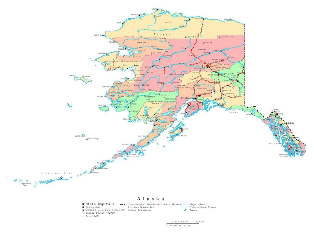 Large administrative map of Alaska state with roads and cities