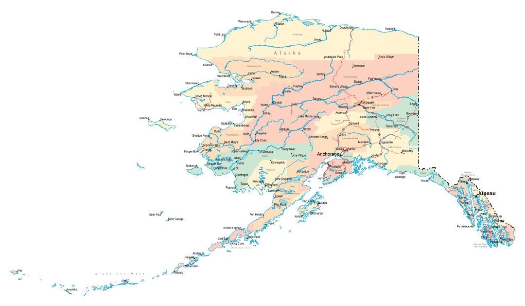 Large detailed administrative map of Alaska state with roads and major cities