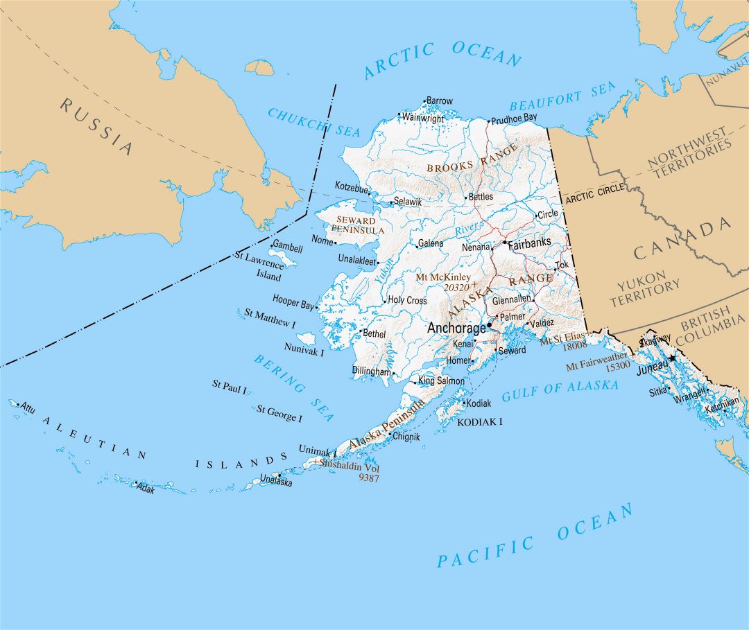 Large detailed map of Alaska state with relief and cities