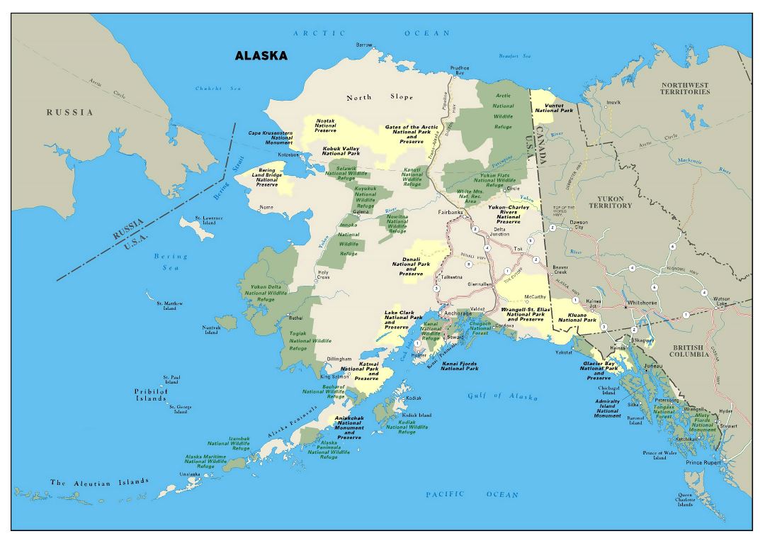 Large detailed national parks map of Alaska state