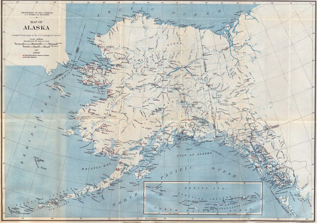 Large detailed old map of Alaska - 1917