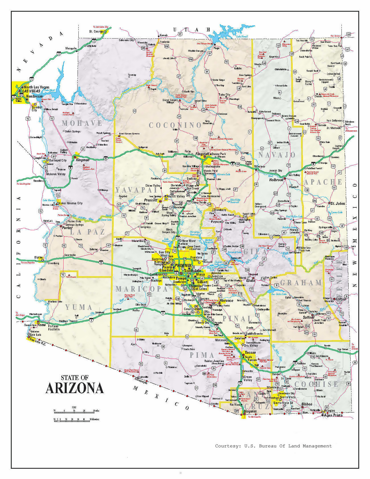 Administrative map of Arizona with roads and cities Arizona state