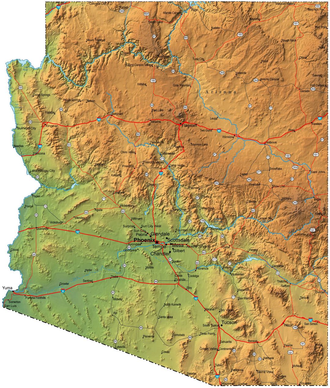 Detailed elevation map of Arizona state with roads and cities