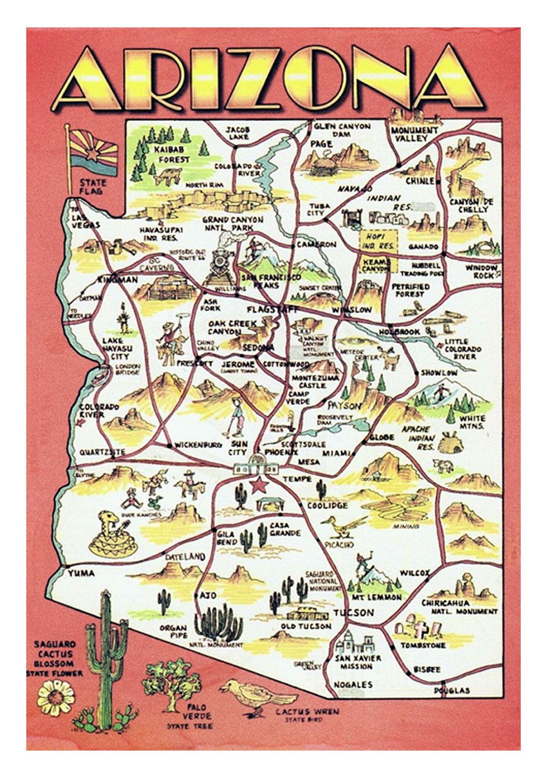 Detailed Travel Illustrated Map Of Arizona State Poster 20 X 30-20 Inch 25A