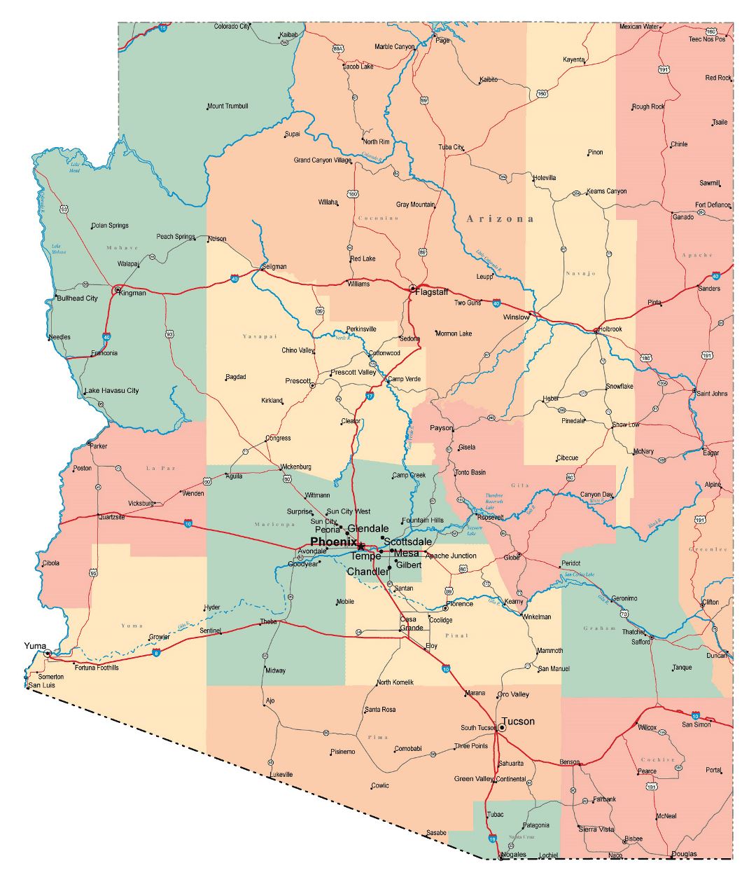 Large administrative map of Arizona state with roads, highways and cities