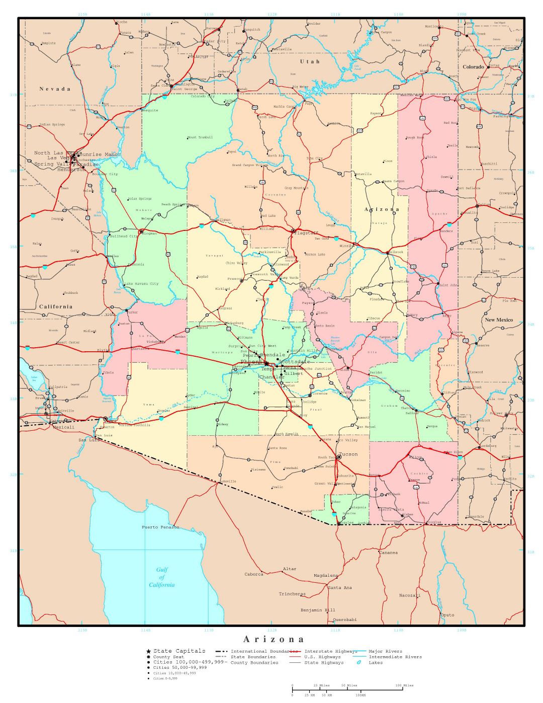 Large detailed administrative map of Arizona state with roads, highways and major cities