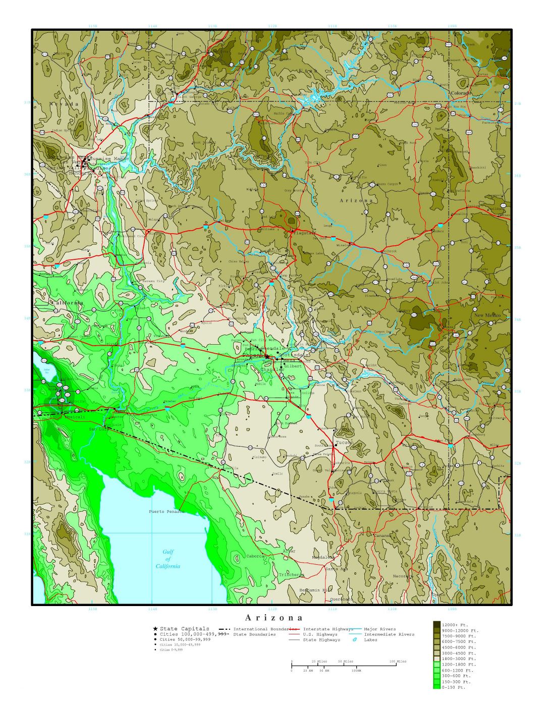 Large detailed elevation map of Arizona state with roads, highways and cities