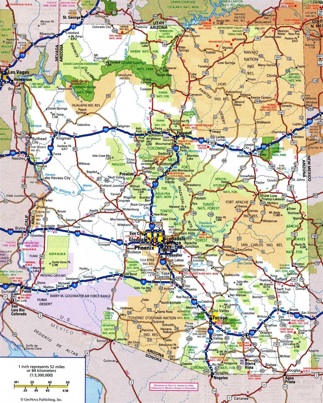 Large detailed roads and highways map of Arizona state with all cities and national parks