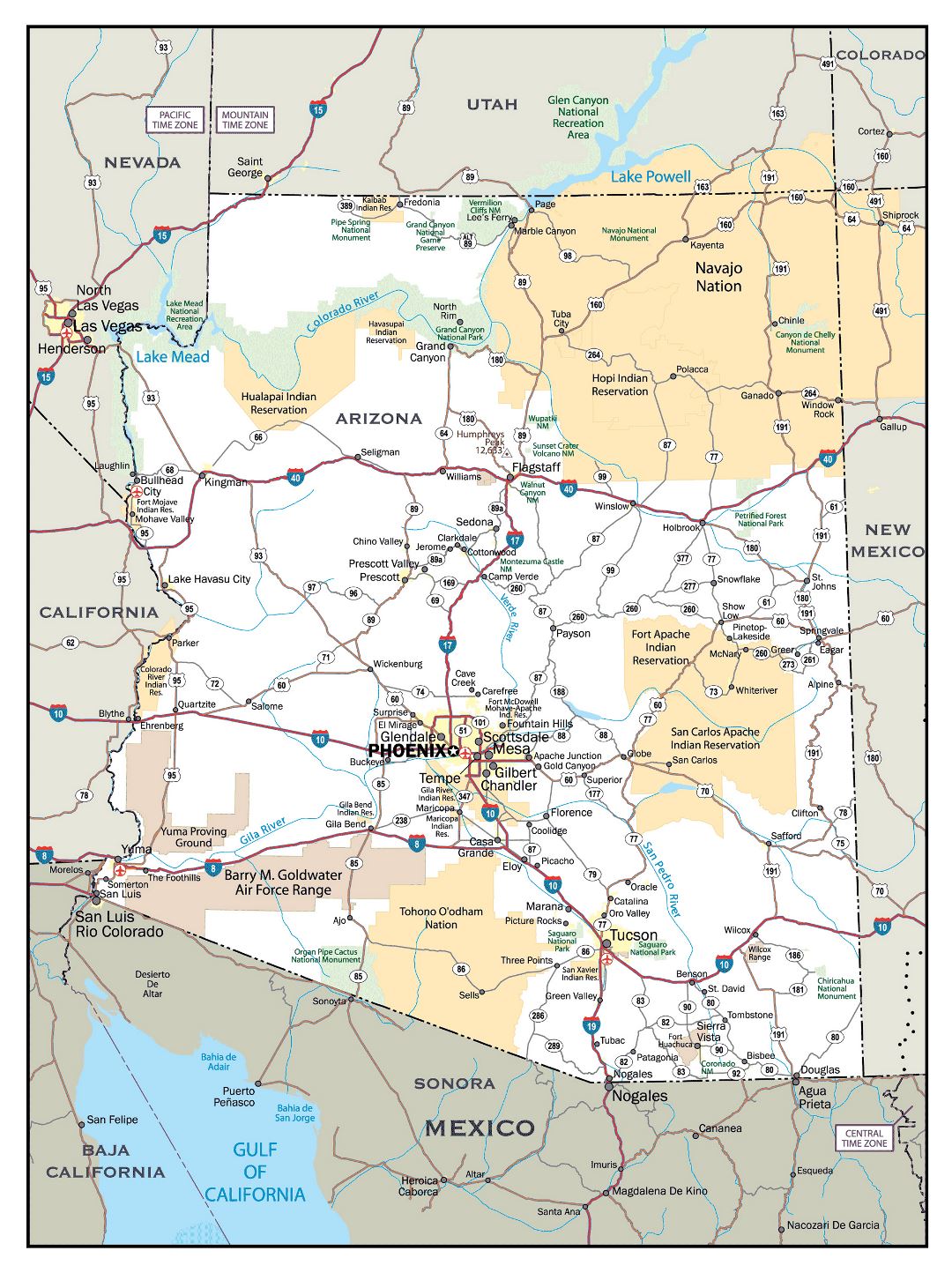 Large detailed roads and highways map of Arizona state with cities