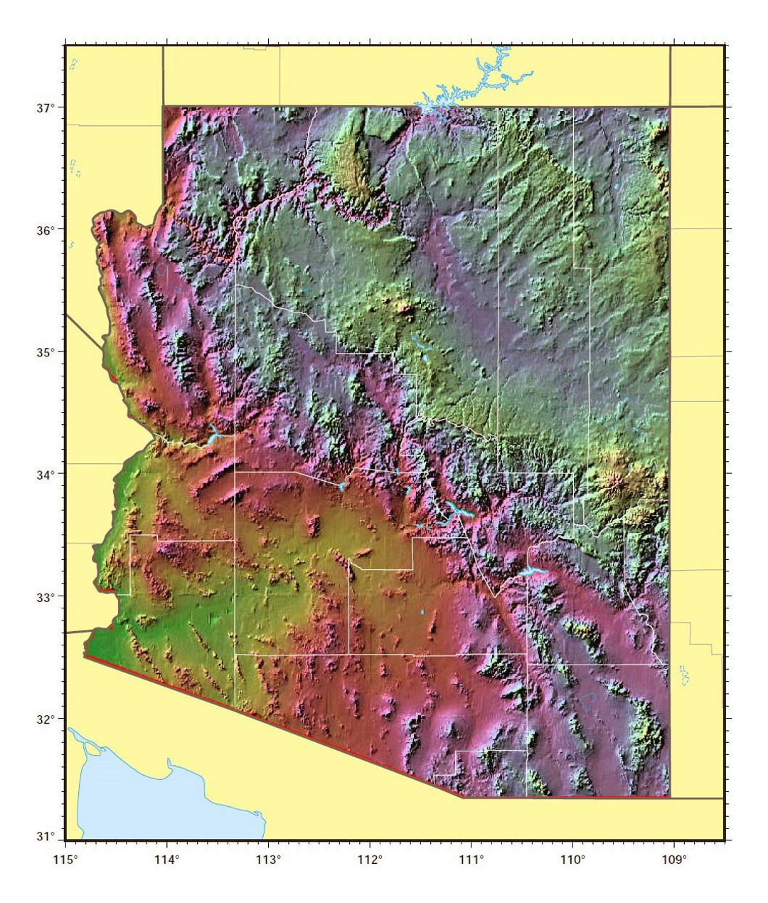 Relief map of Arizona state