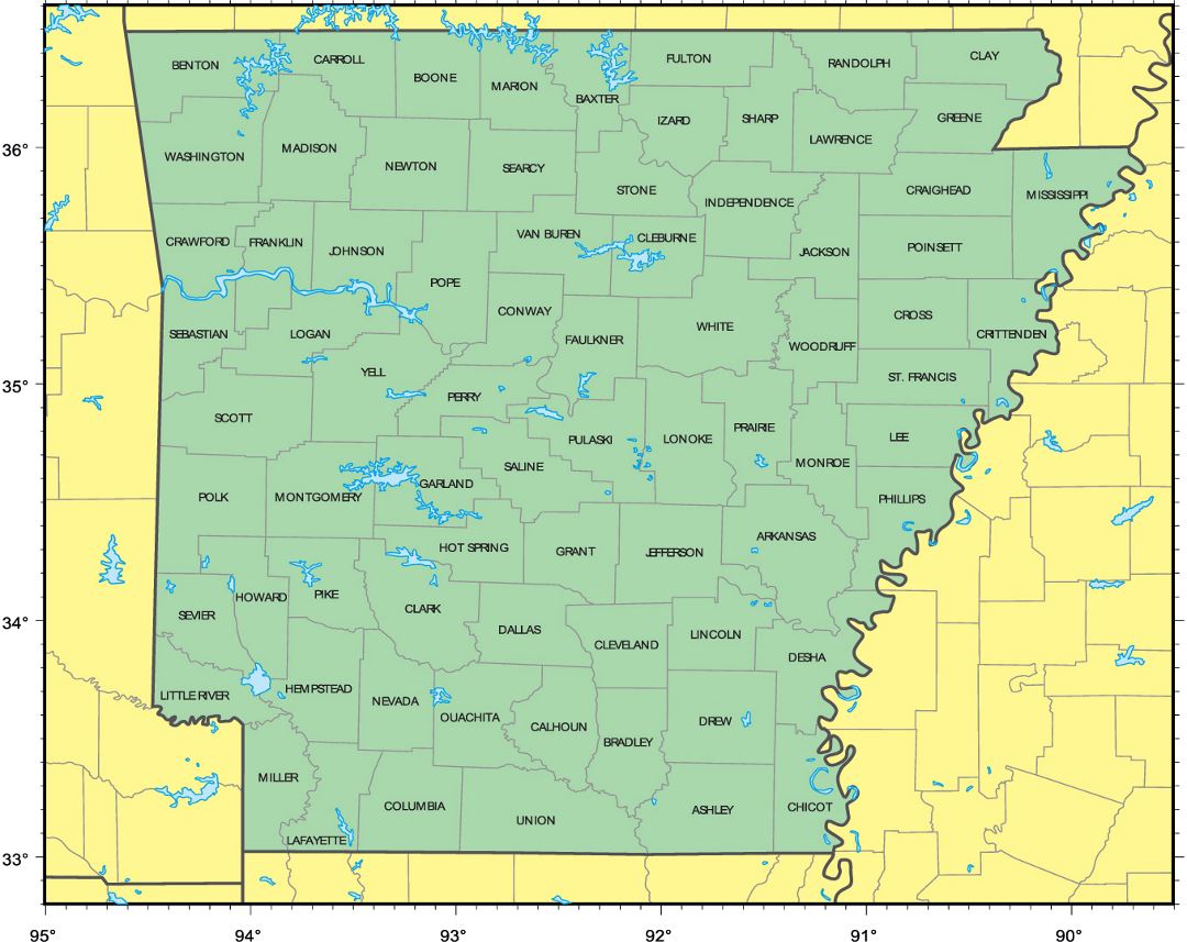 Detailed administrative map of Arkansas state