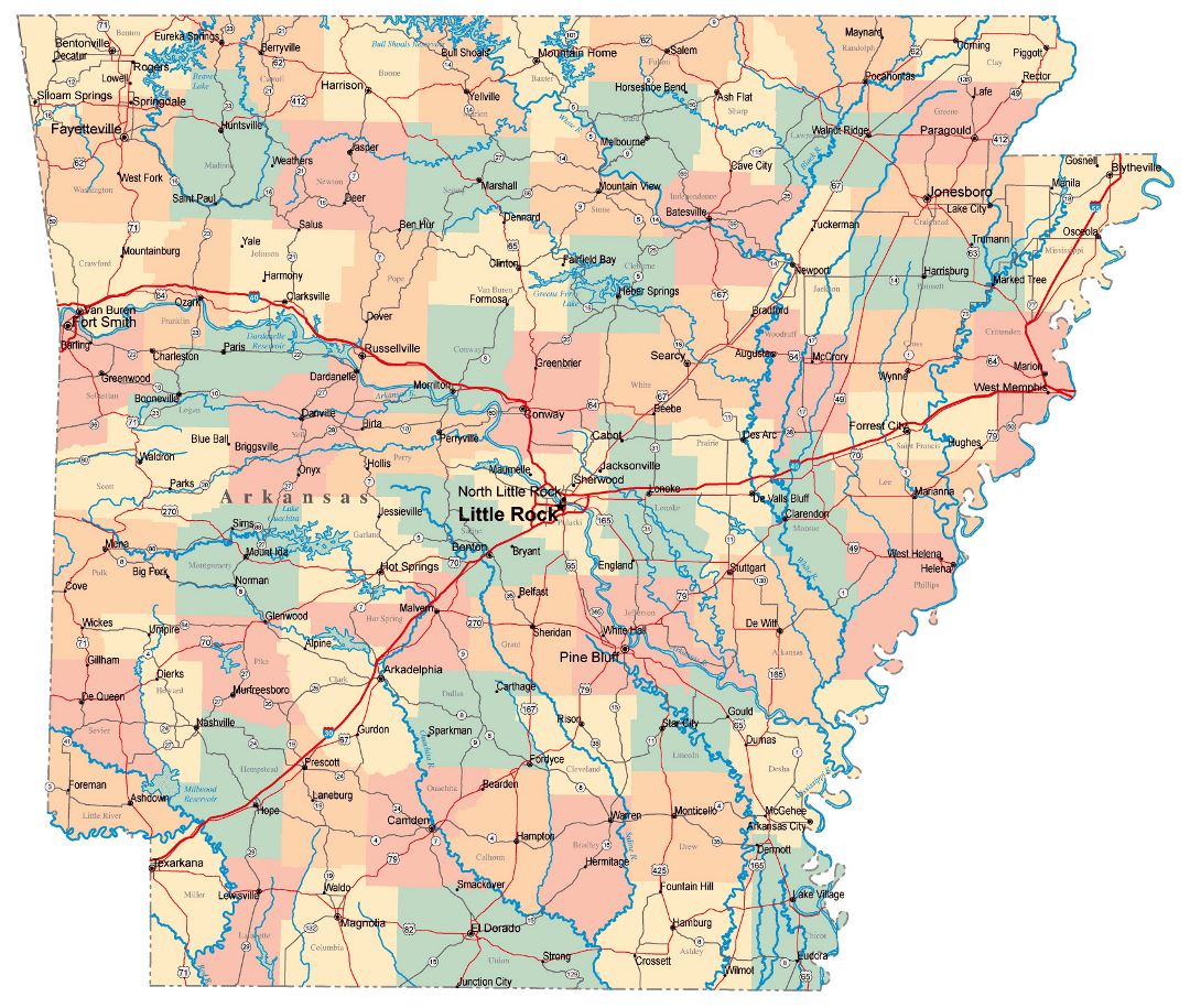 Large administrative map of Arkansas state with roads, highways and cities