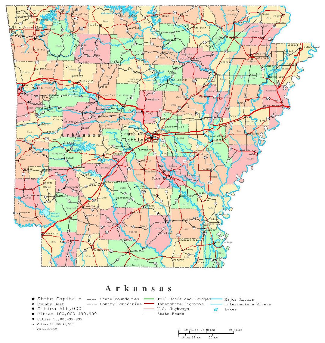 Large detailed administrative map of Arkansas state with roads, highways and cities