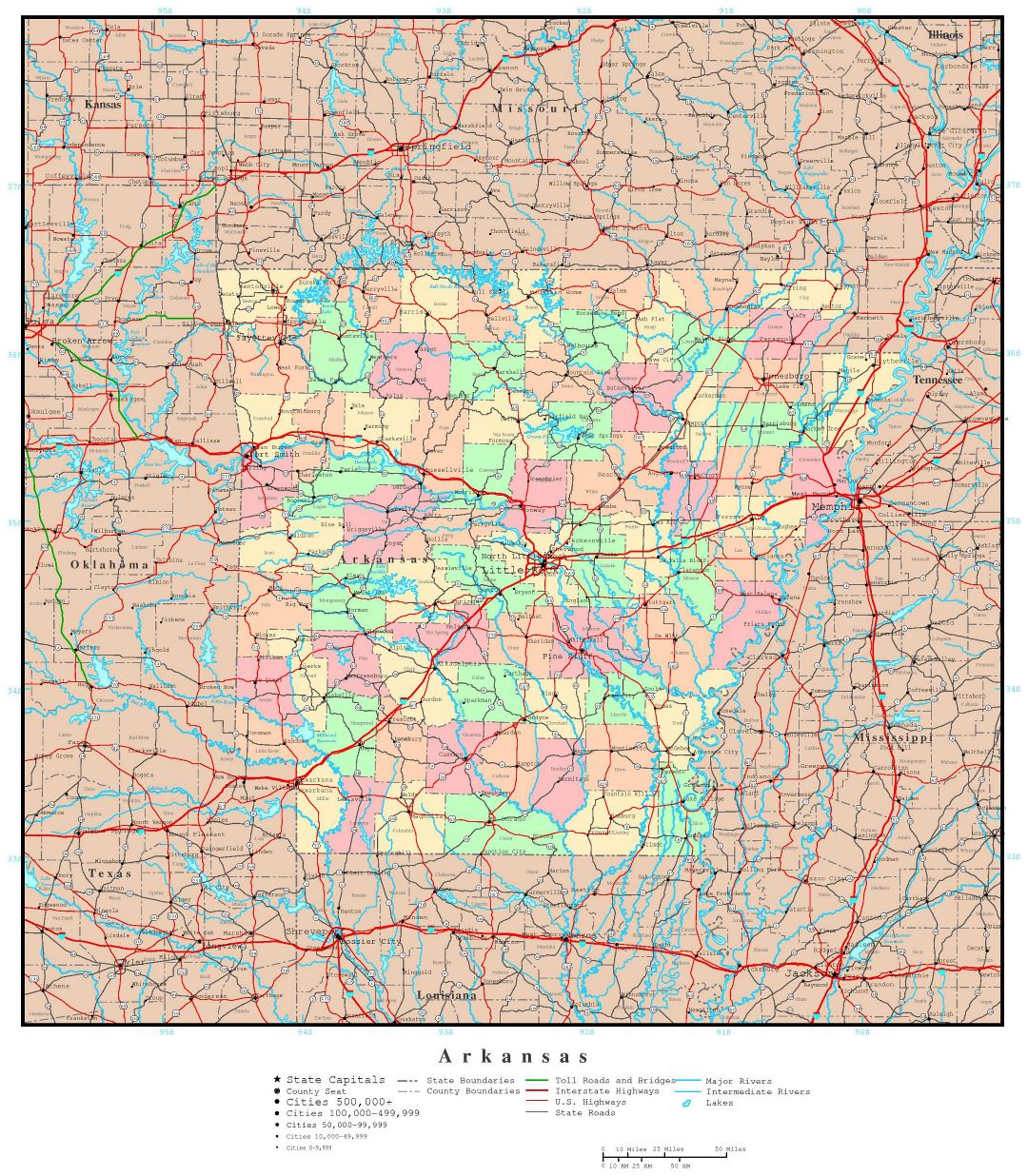 Large detailed administrative map of Arkansas state with roads, highways and major cities