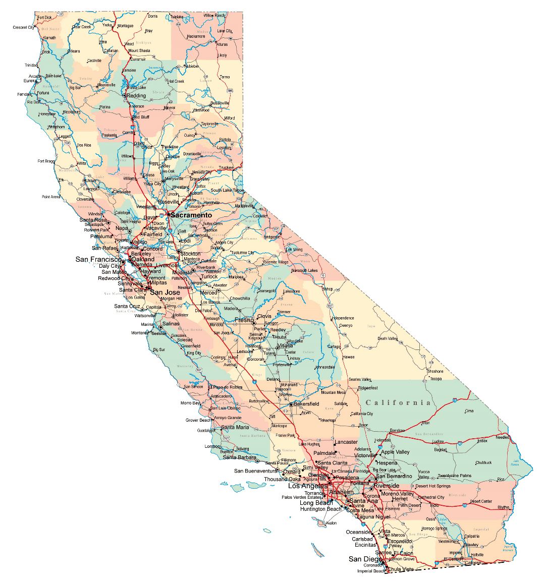 Large administrative map of California state with roads, highways and cities