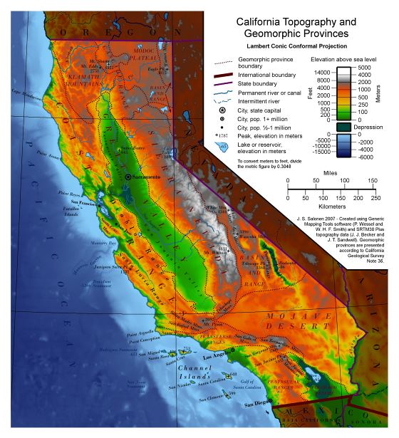 Large California Topography and Geomorphic Provinces map with other marks