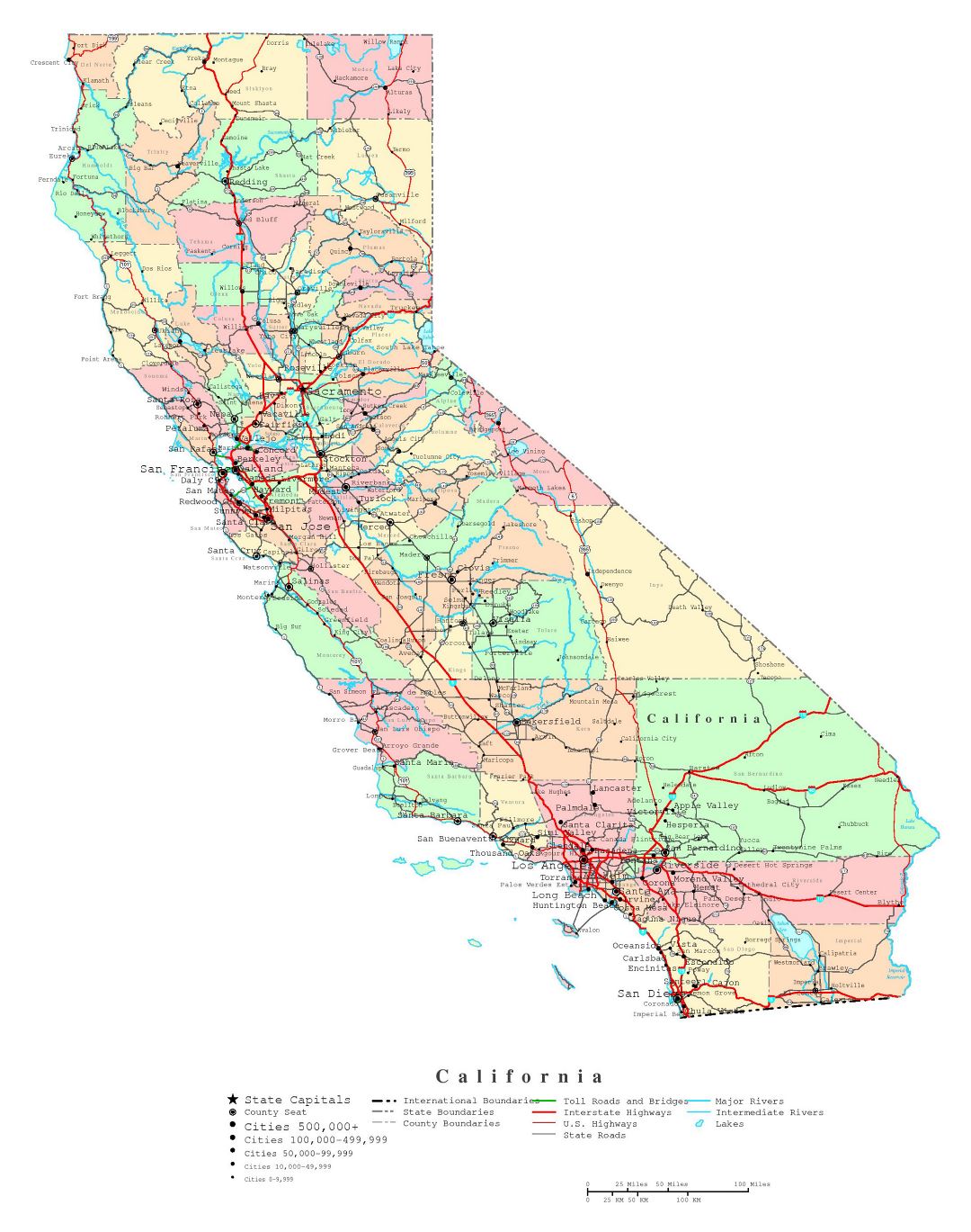 Large detailed administrative map of California state with roads, highways and cities