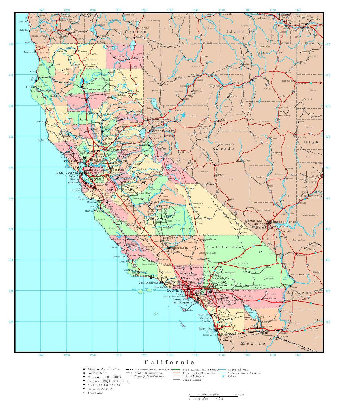 Large detailed administrative map of California state with roads, highways and major cities