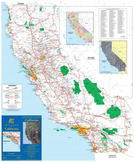 Large detailed road map of California with cities, towns, villages and other marks