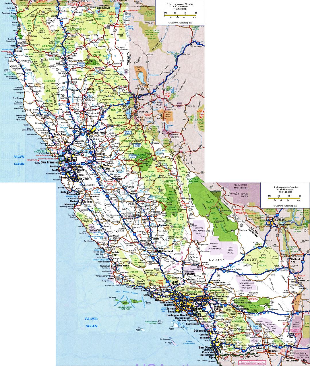 Large detailed roads and highways map of California state with all cities and national parks
