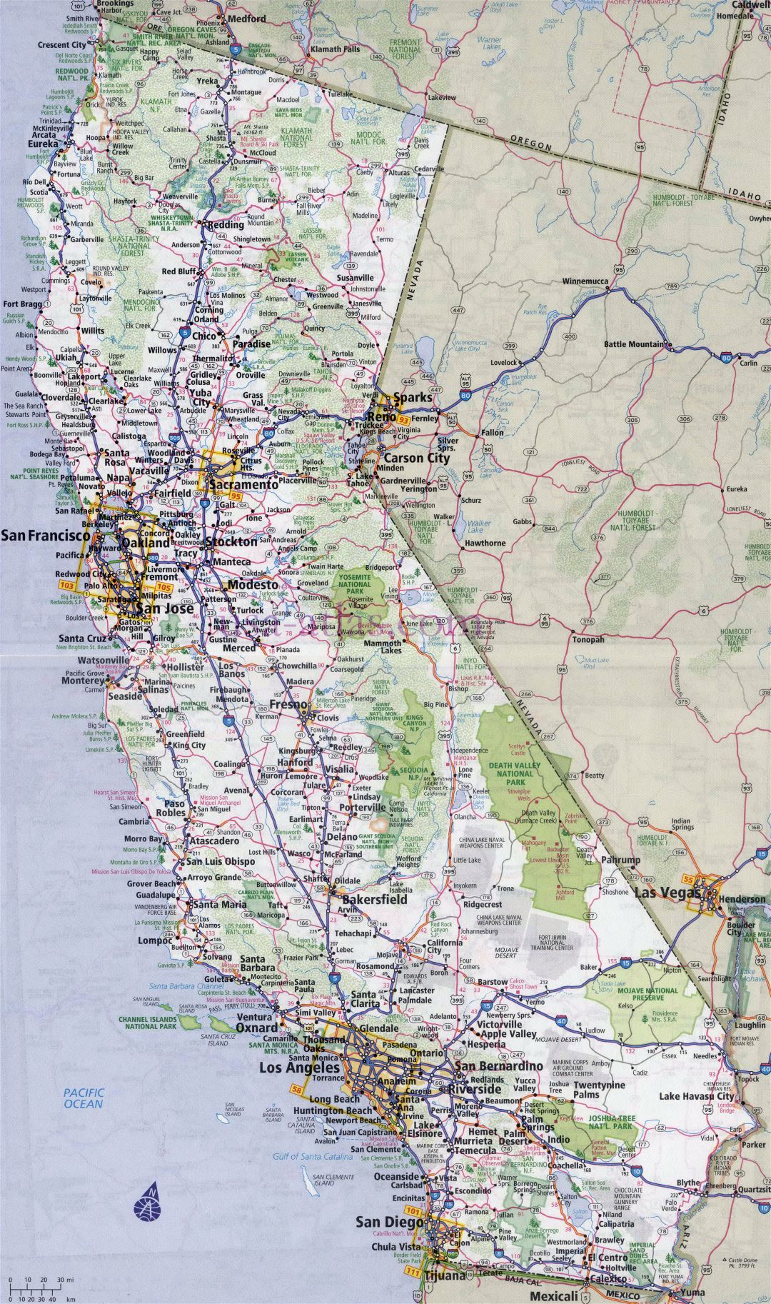 Large detailed roads and highways map of California state with all cities