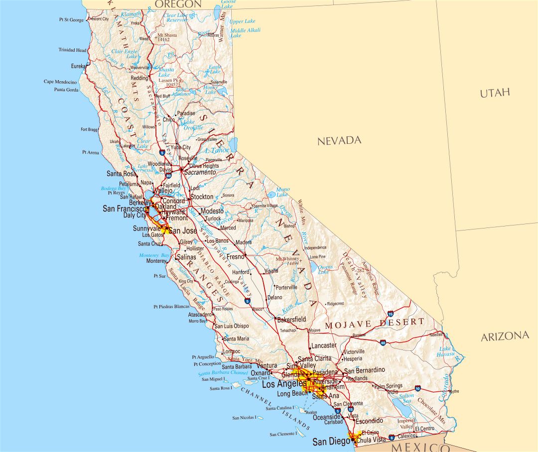 Large road map of California sate with relief and cities