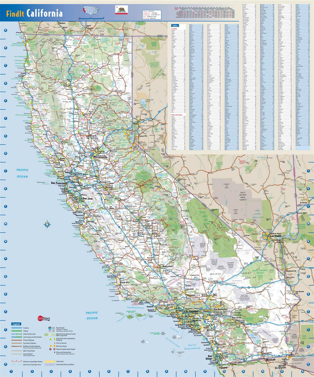 Large roads and highways map of California state with national parks, all cities, towns and villages