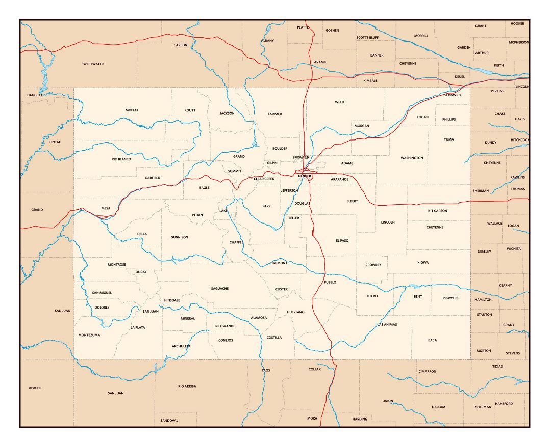 Detailed administrative map of Colorado state