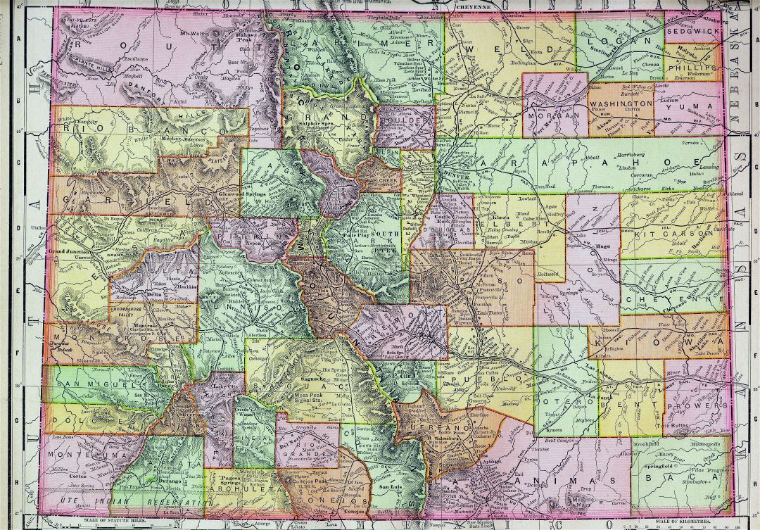 Large old administrative map of Colorado state - 1895