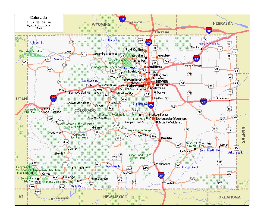 Roads and highways map of Colorado state